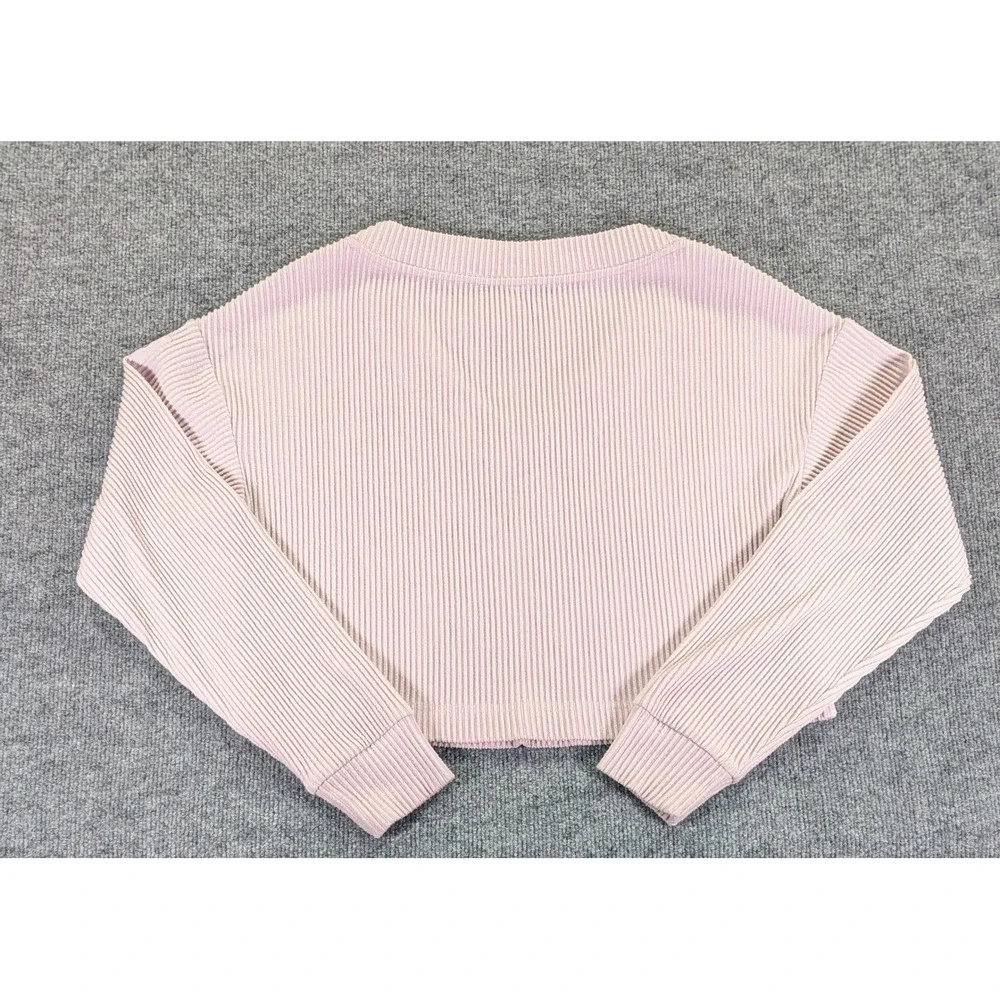 Alo Yoga Muse Ribbed V-Neck Cropped Pullover Sweater Pink Long Sleeve Size Large
